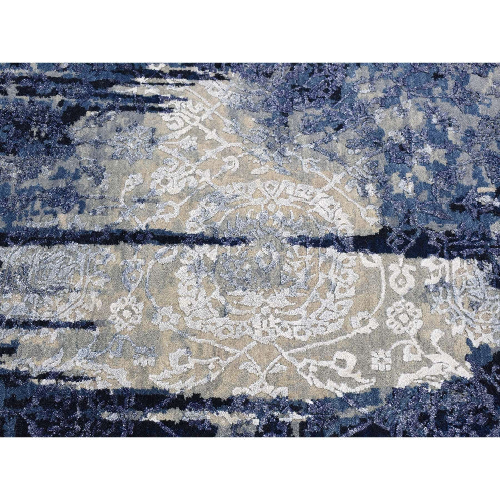 Millennium Blue Wool Silk Shibori Design Hand Knotted Round Rug 7'10" x 7'10"