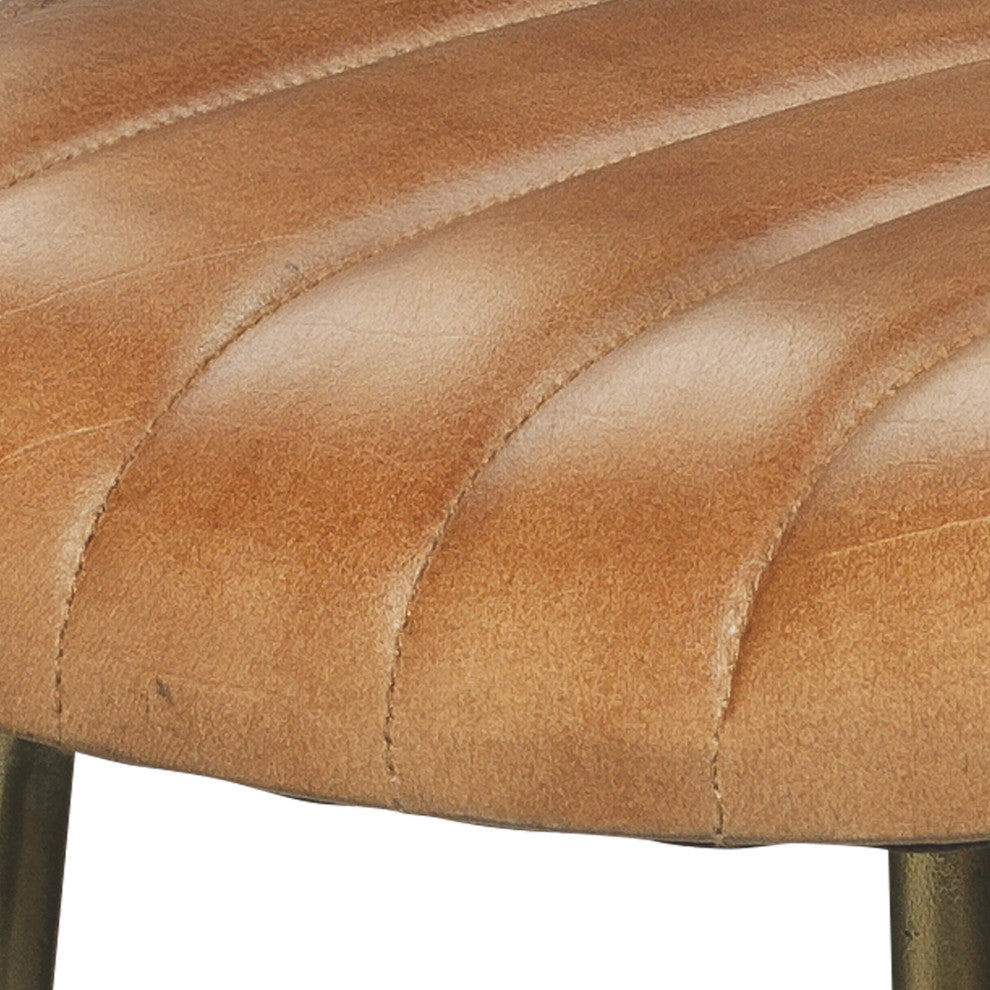 Vintage Style Curved Leather Seat Bar Stool Buff Brown Retro Ribbed Brass