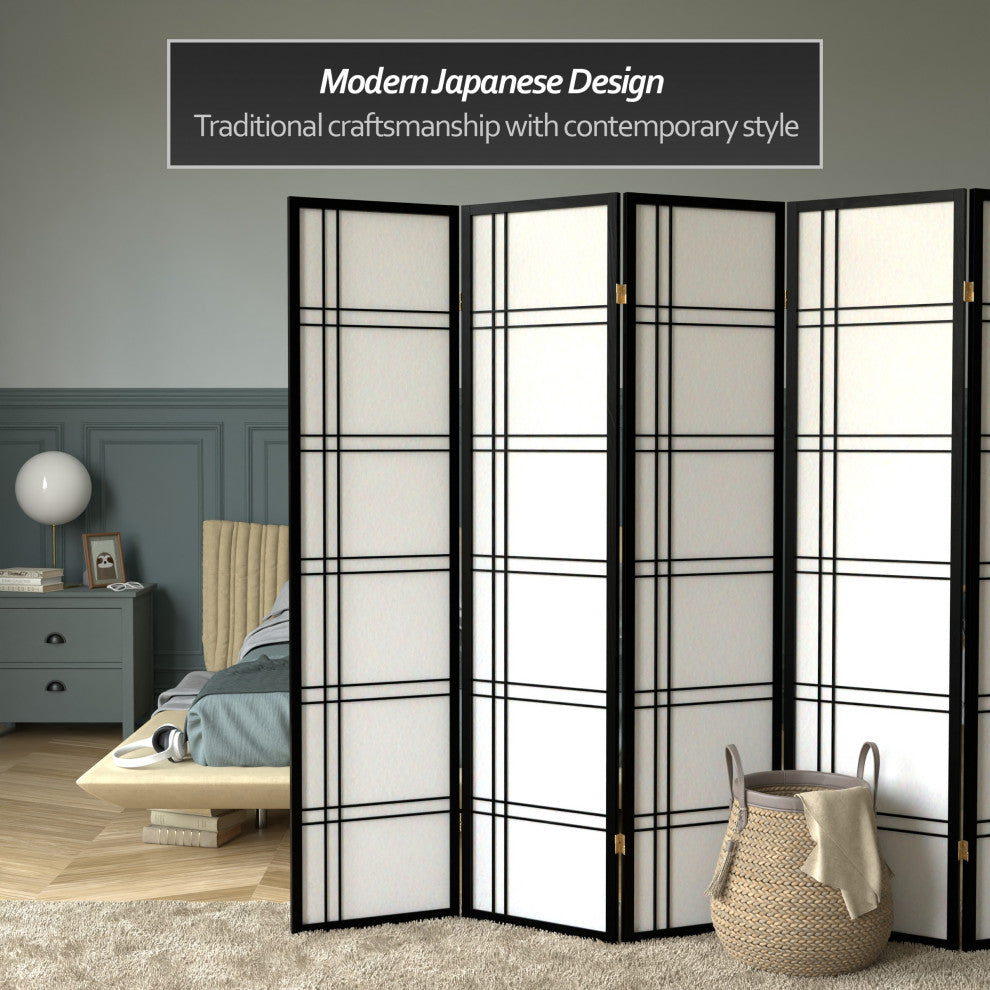 6'' Tall Double Cross Shoji Screen, Black, 6 Panels