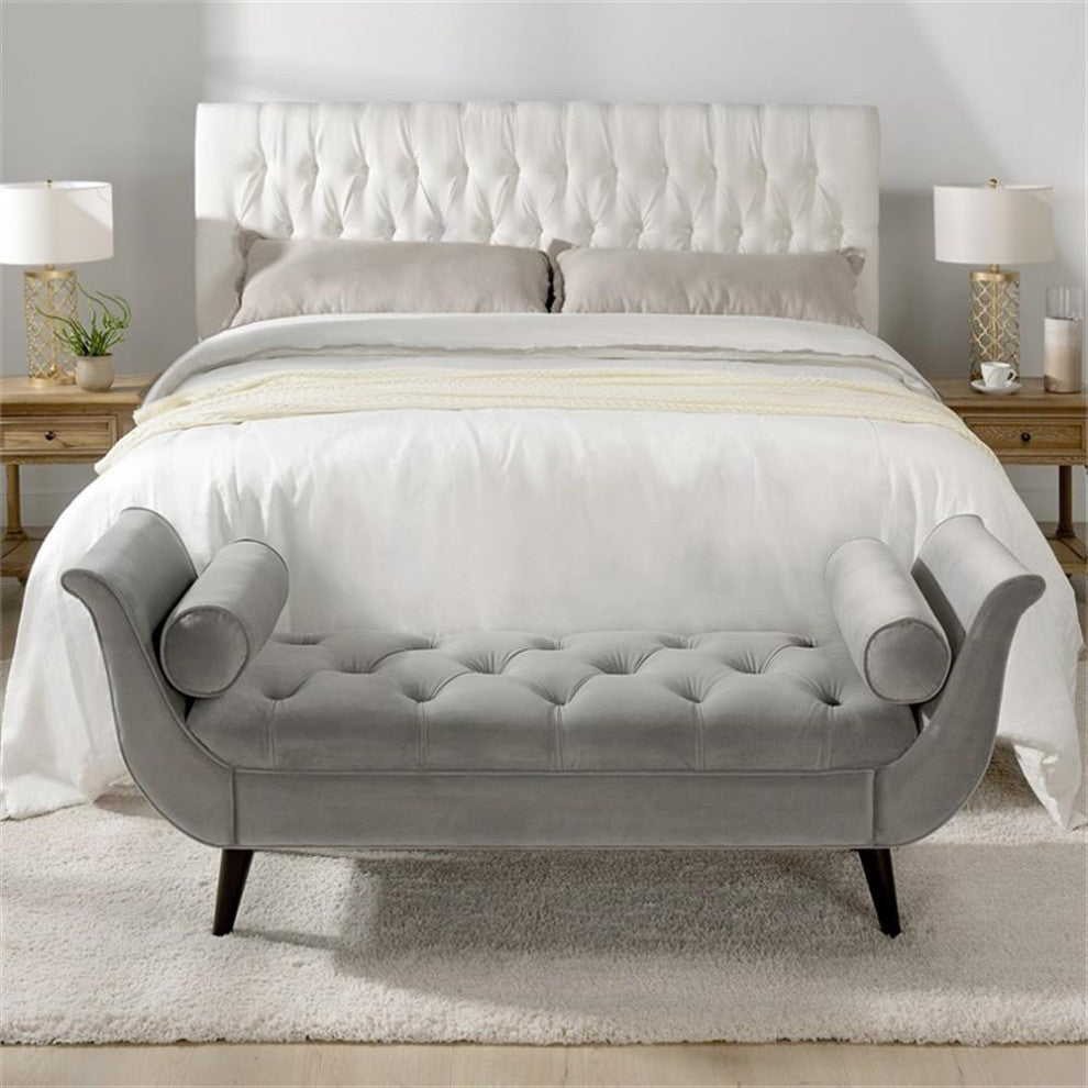 Alma 65" Tufted Entryway Bench With Bolster Pillows, Opal Gray Velvet