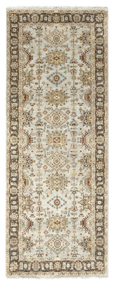Goose Gray Karajeh Design Pure Wool Hand Knotted Wide Runner Rug 4'2"x9'10"