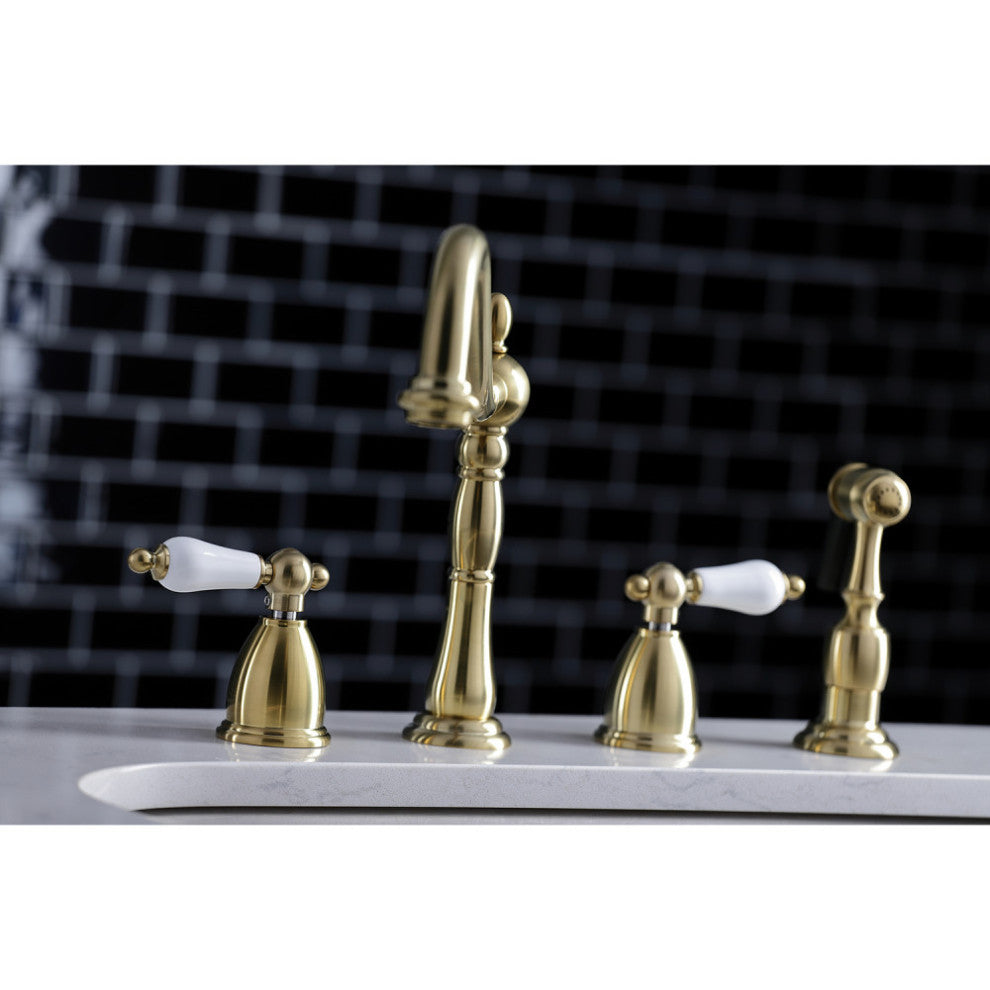 KB1797PLBS 8" Widespread Kitchen Faucet With Brass Sprayer, Brushed Brass