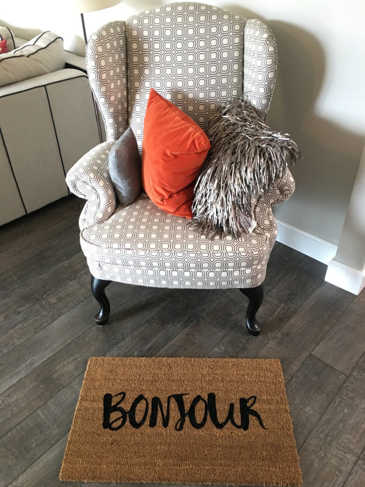 Hand Painted "Bonjour" Welcome Mat, Amazon Dark Green