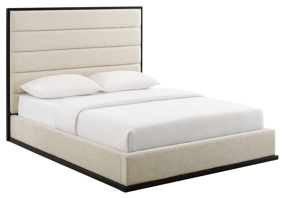 Ashland Queen Upholstered Linen Fabric Platform Bed, Beige