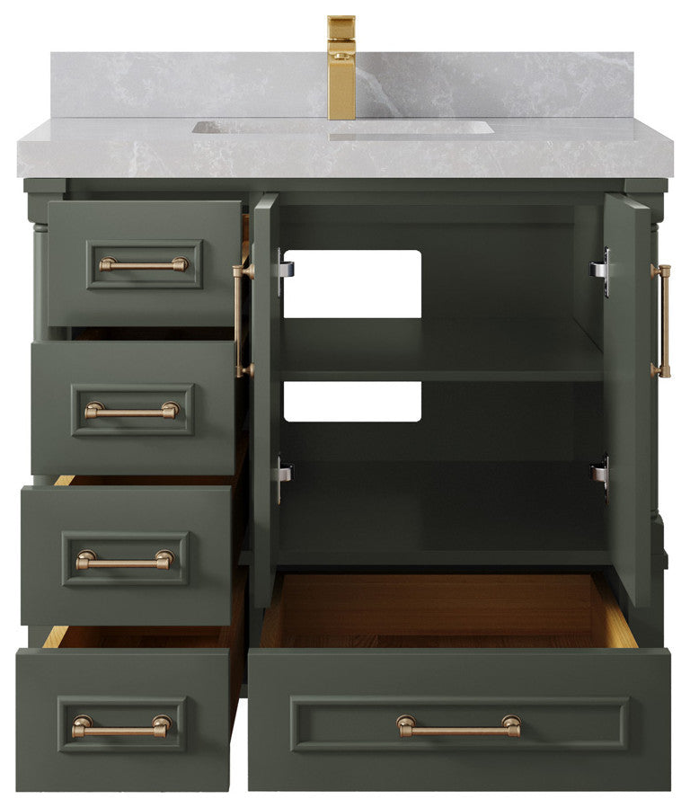 Aberdeen 36 Center Sink Bath Vanity in Pewter Green 2" Pearl Gray