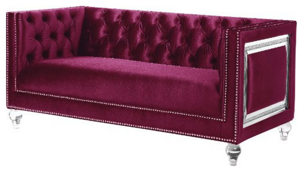 Benzara BM250589 Loveseat With Acrylic Feet and Mirrored Trim, Dark Red