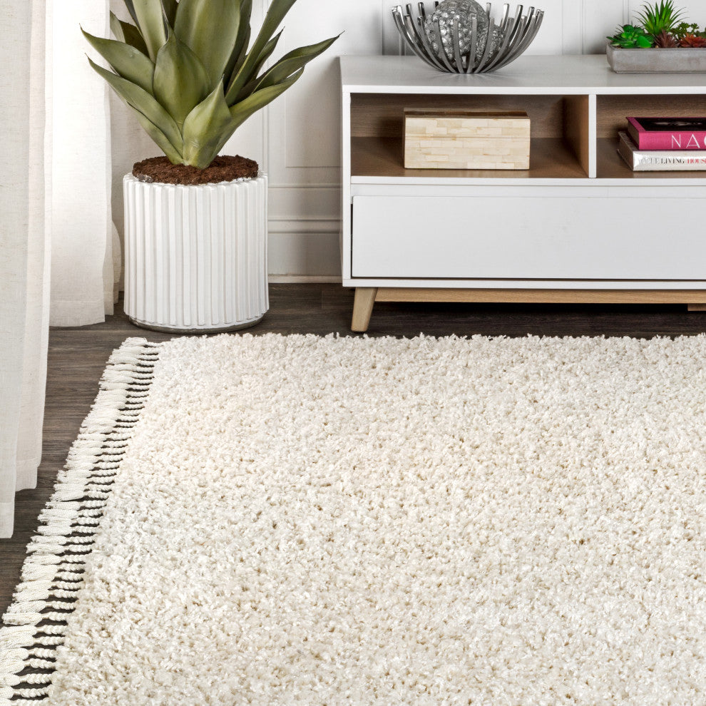 Mercer Shag Plush Tassel Area Rug, Cream, 3 X 5