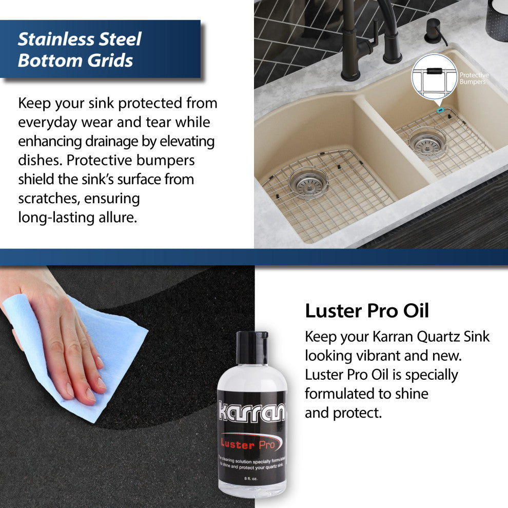 Karran Undermount Quartz 32" 60/40 Double Bowl Kitchen Sink Kit, Bisque
