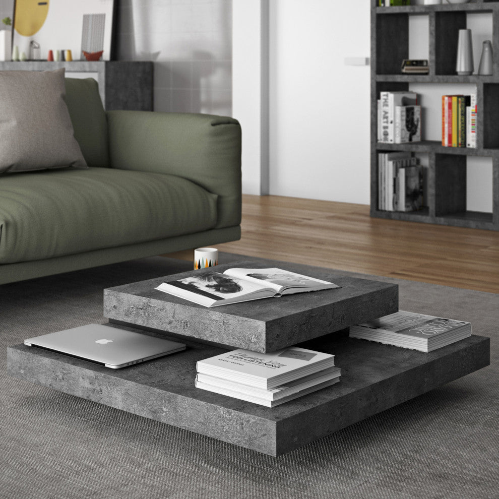Isle Contemporary Multi Platform Square Coffee Table, Faux Concrete/Black
