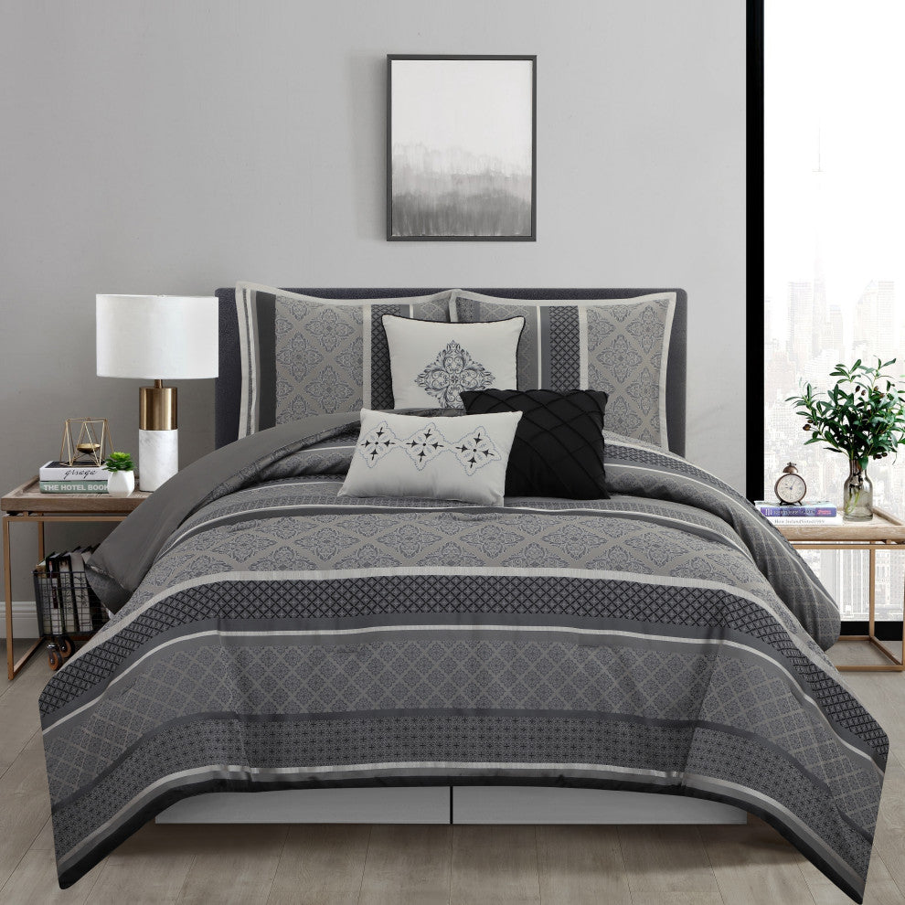 Tefia 7 Piece Comforter Set, Grey, Queen