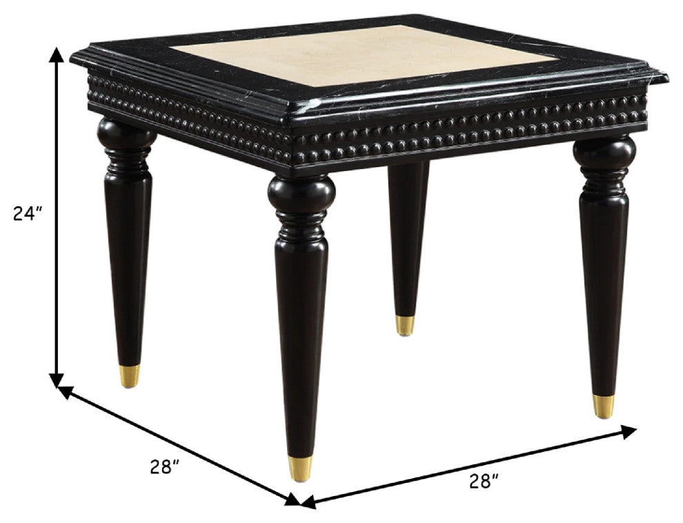 Benzara BM275499 28" Square End Table, Marble Top, Beaded Apron, Black