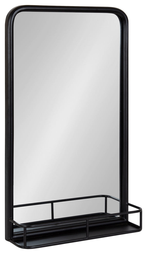 Estero Metal Framed Radius Rectangle Wall Mirror With Shelf, Black 18x30
