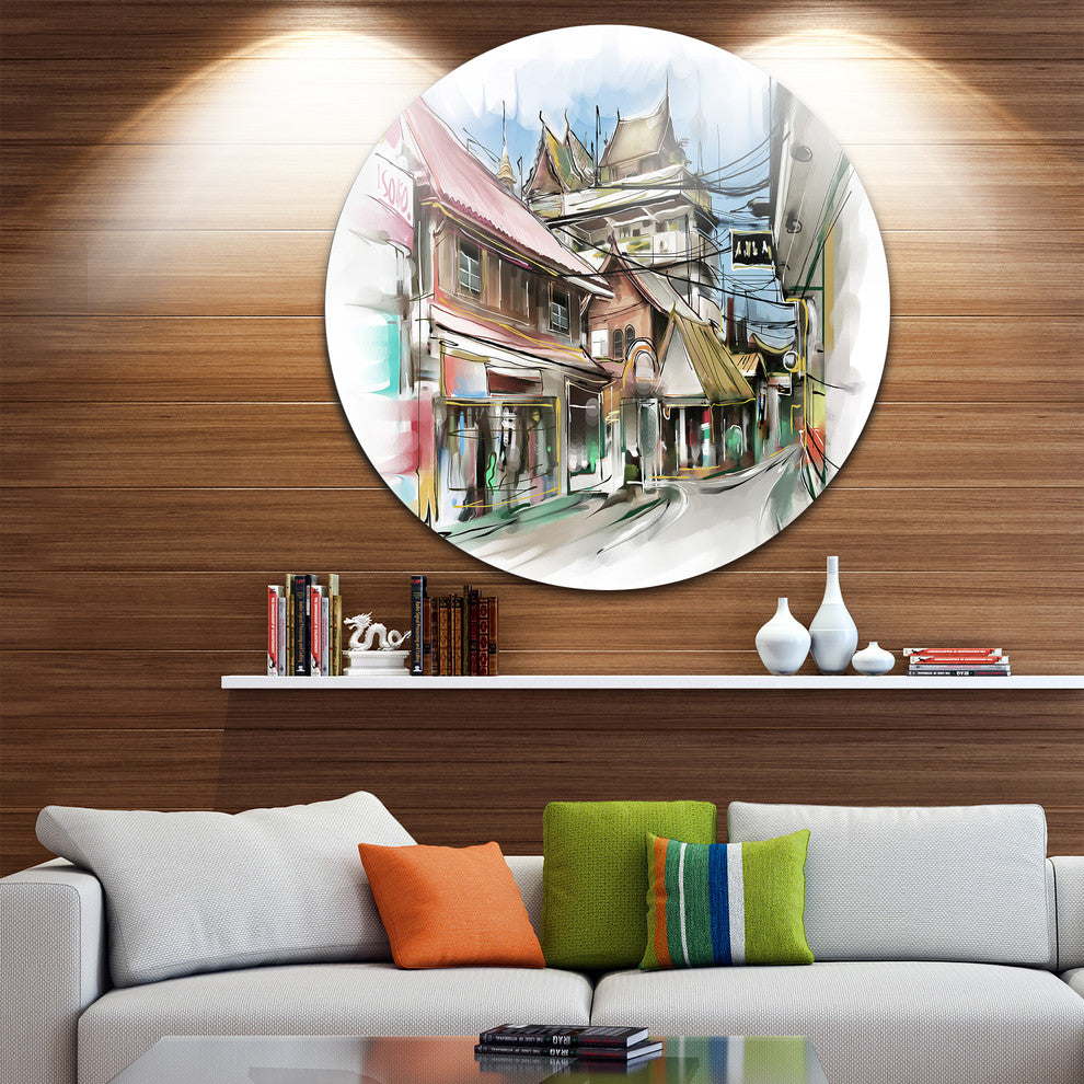 City Street Illustration Art, Cityscape Street Art Round Metal Art, 23"