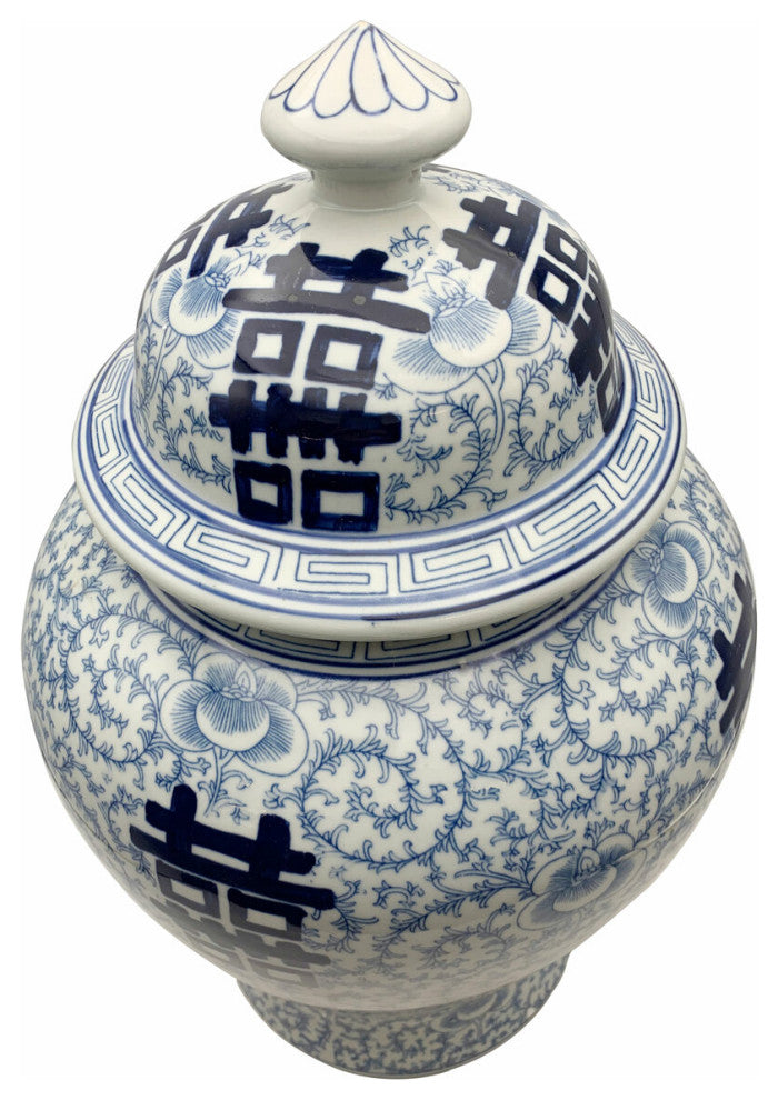 Large Blue And White Temple Jar With Double Happiness Design