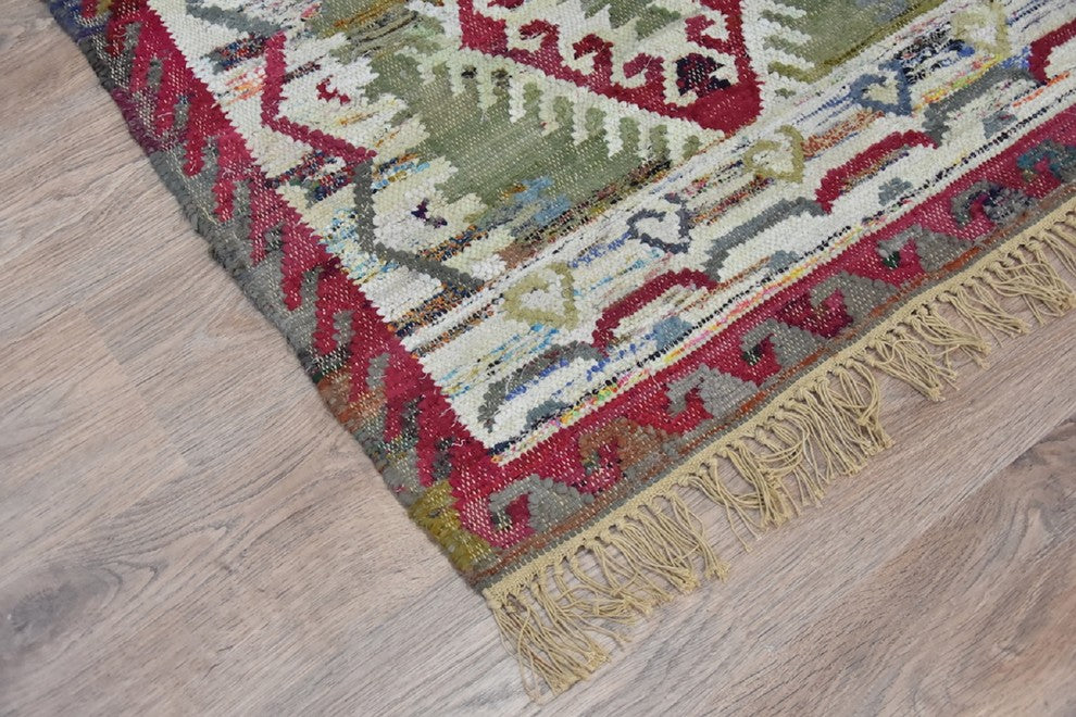 Timbergirl Kilim Sage Coral 100% Cotton Handmade Rug, 5'' X 8''