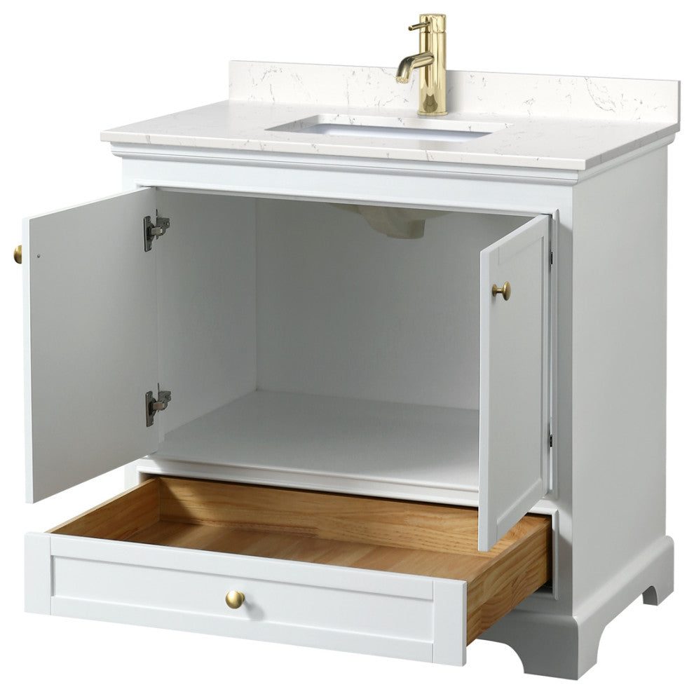 36" Single Bath Vanity White, Carrara Cult. Marble Countertop, Sink, Gold Trim