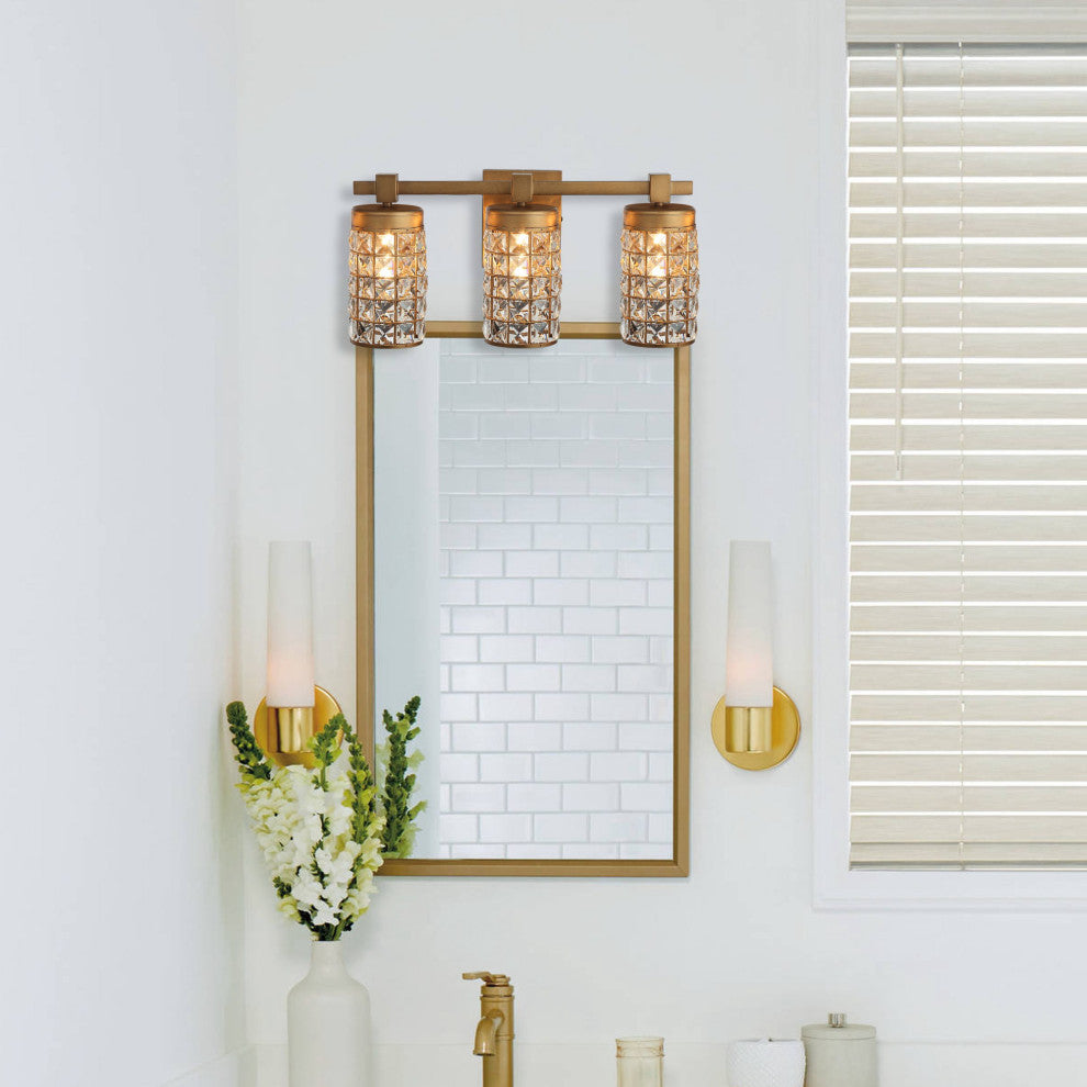 Modern 20 in. 3-Light Gold Wall Sconce Vanity Light with Crystal Cylinder Shade
