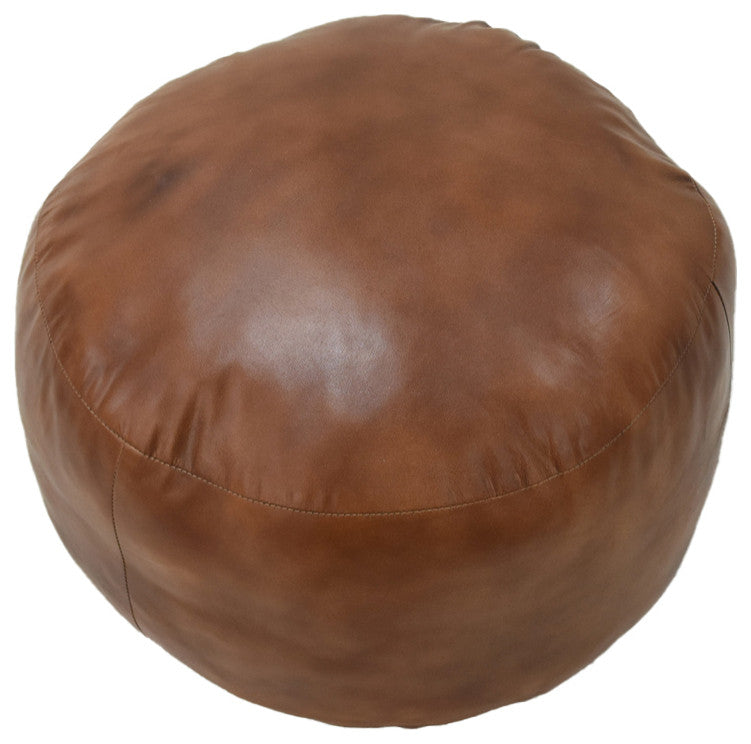 Pouf-Solid Handmade Leather Pouf (Recycled Foam with Fiber Fill), Light Brown, {Round]21x21x12