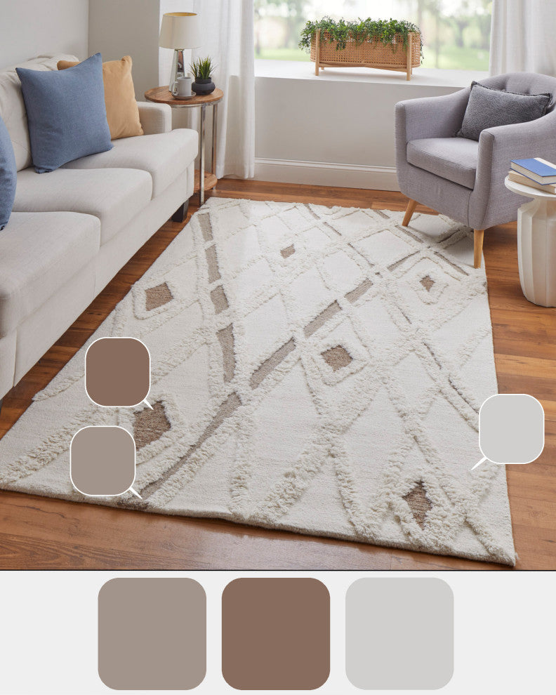 Weave & Wander Elika Moroccan Hand Tufted Wool Area Rug, Ivory/Brown, 10'x14'
