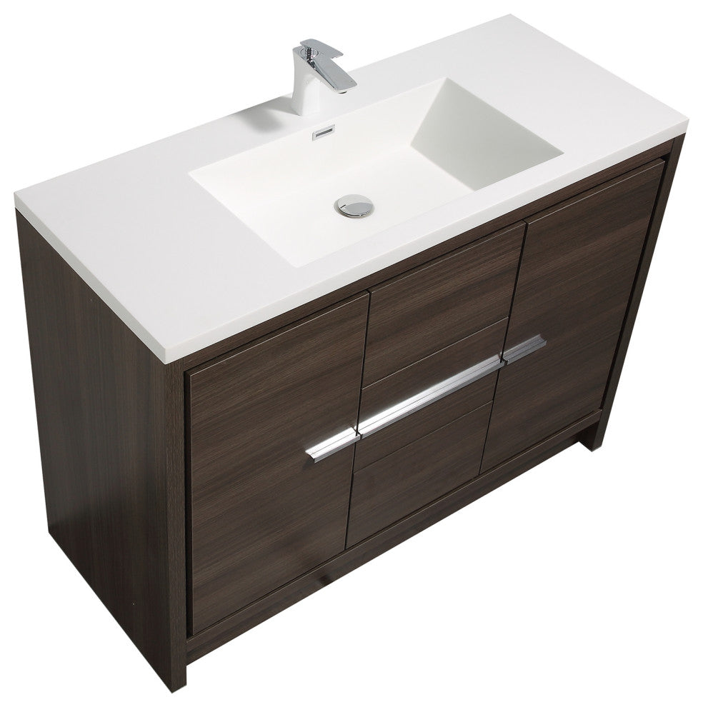 Freestanding Bath Vanity Set, Grey Oak, Integrated Solid Surface Sink, 48"