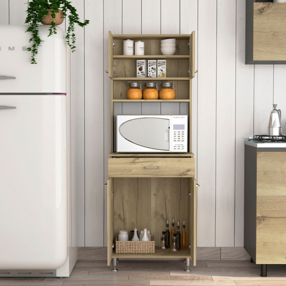 Bay Area Pantry with 2 Cabinets, Drawer, and 2 Open Shelves, Light Oak