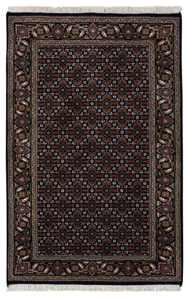 Black Hand Knotted Wool and Silk Herati 175 KPSI Oriental Rug, 3'0"x5'2"