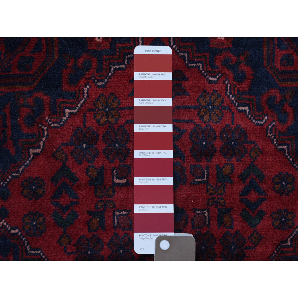 Deep and Saturated Red, Hand Knotted Afghan Khamyab Pure Wool Rug, 9'7"x12'9"