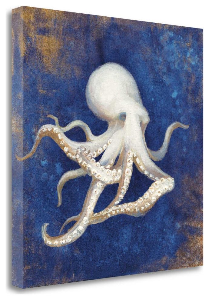 35" Rustic Deep Blue and Gold Octopus Giclee Wrap Canvas Wall Art