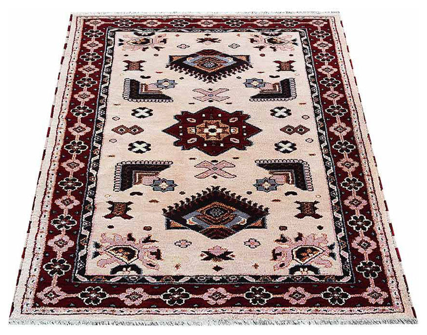 HAND KNOTTED WOOL & SILK ECO-FRIENDLY ORIENTAL AREA RUGS -Rectangle,Cream&Red, [Rectangle] 6'x9'