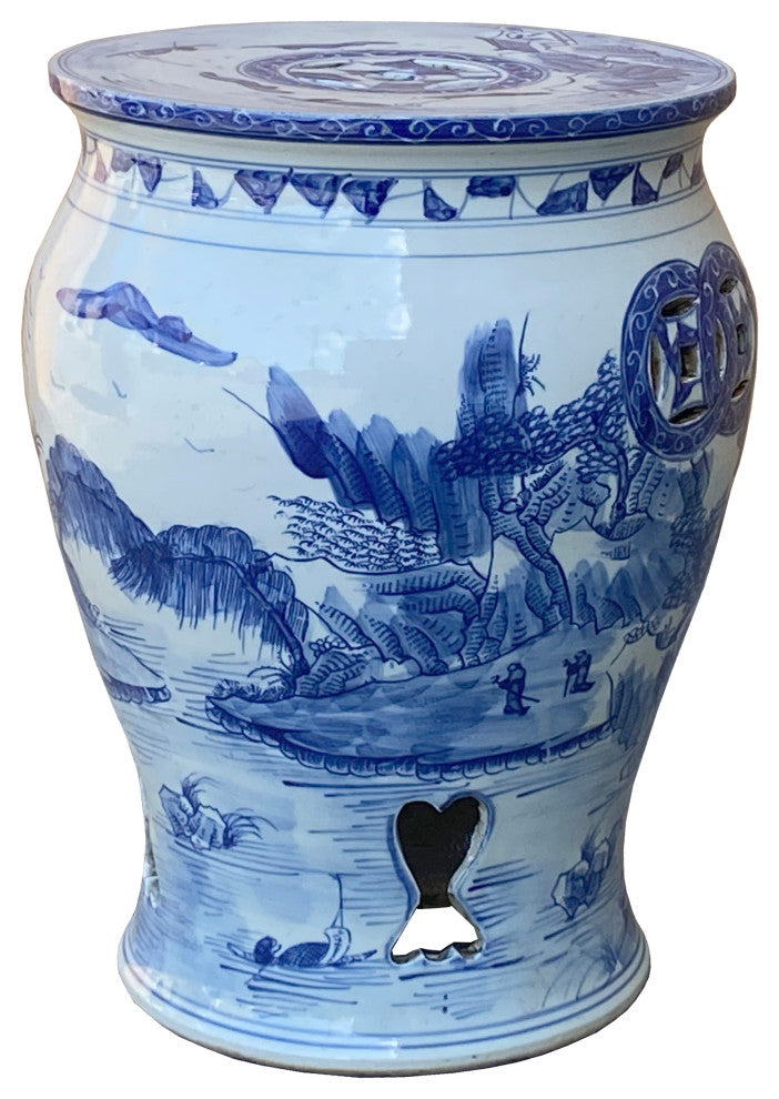 Chinese Blue and White Porcelain Mountain Tree Small Round Stool Table Hcs7405