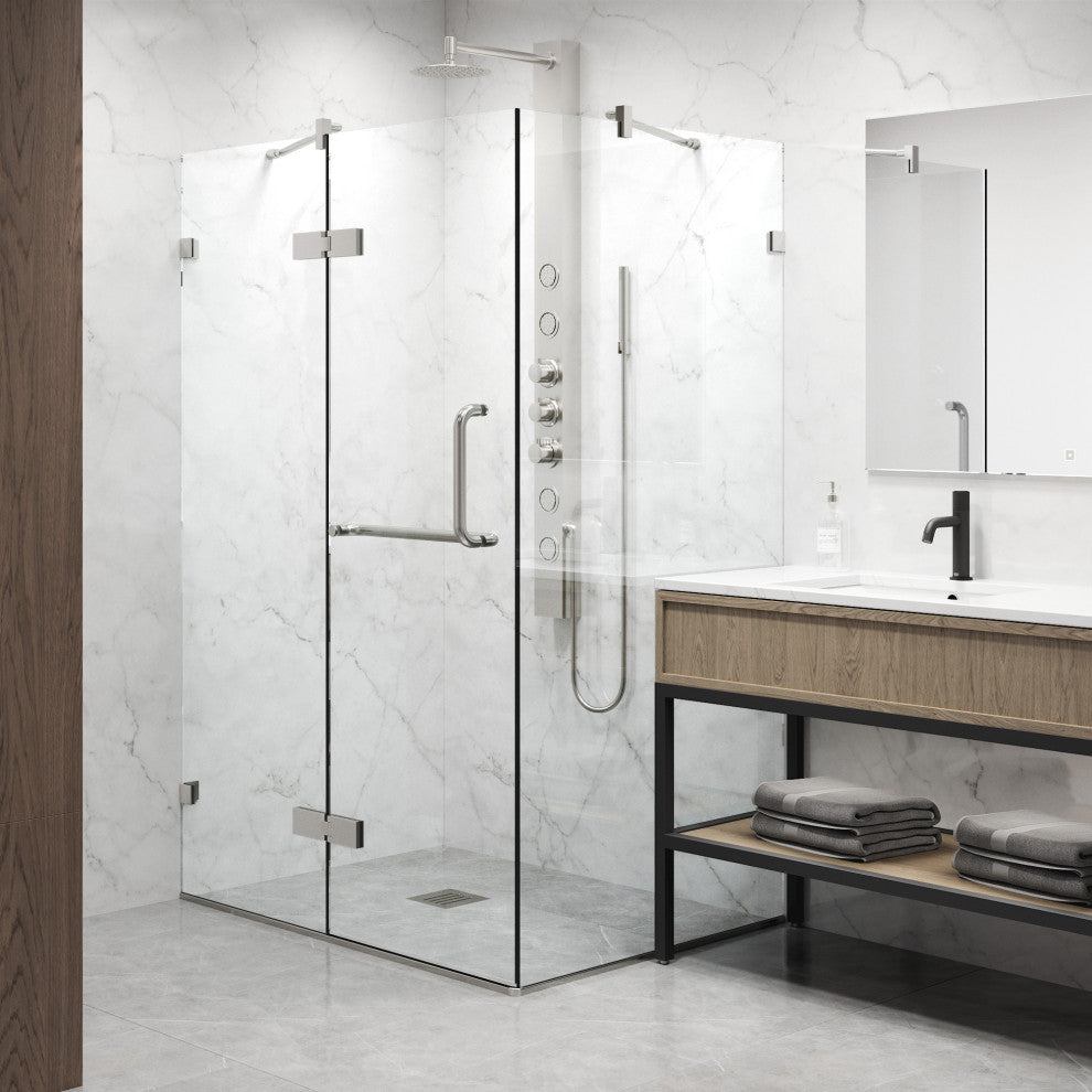 VIGO Monteray 30"D x 46"W x 73"H Frameless Hinged Shower Enclosure, Brushed Nickel, Without Base