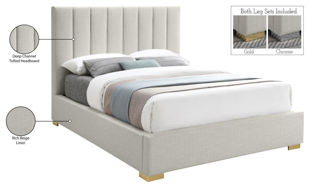 Pierce Linen Textured Fabric Upholstered Bed, Beige, Queen