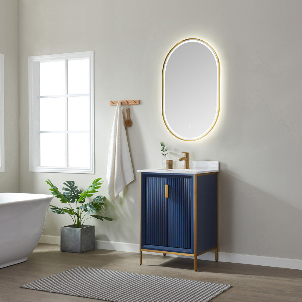 Granada Vanity With White Composite Stone Top, Royal Blue, 24", With Mirror