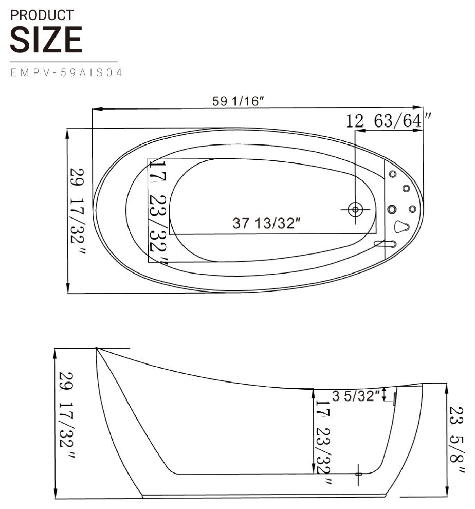 59" L x 29.5" W White Acrylic Right Drain Freestanding Whirlpool Tub