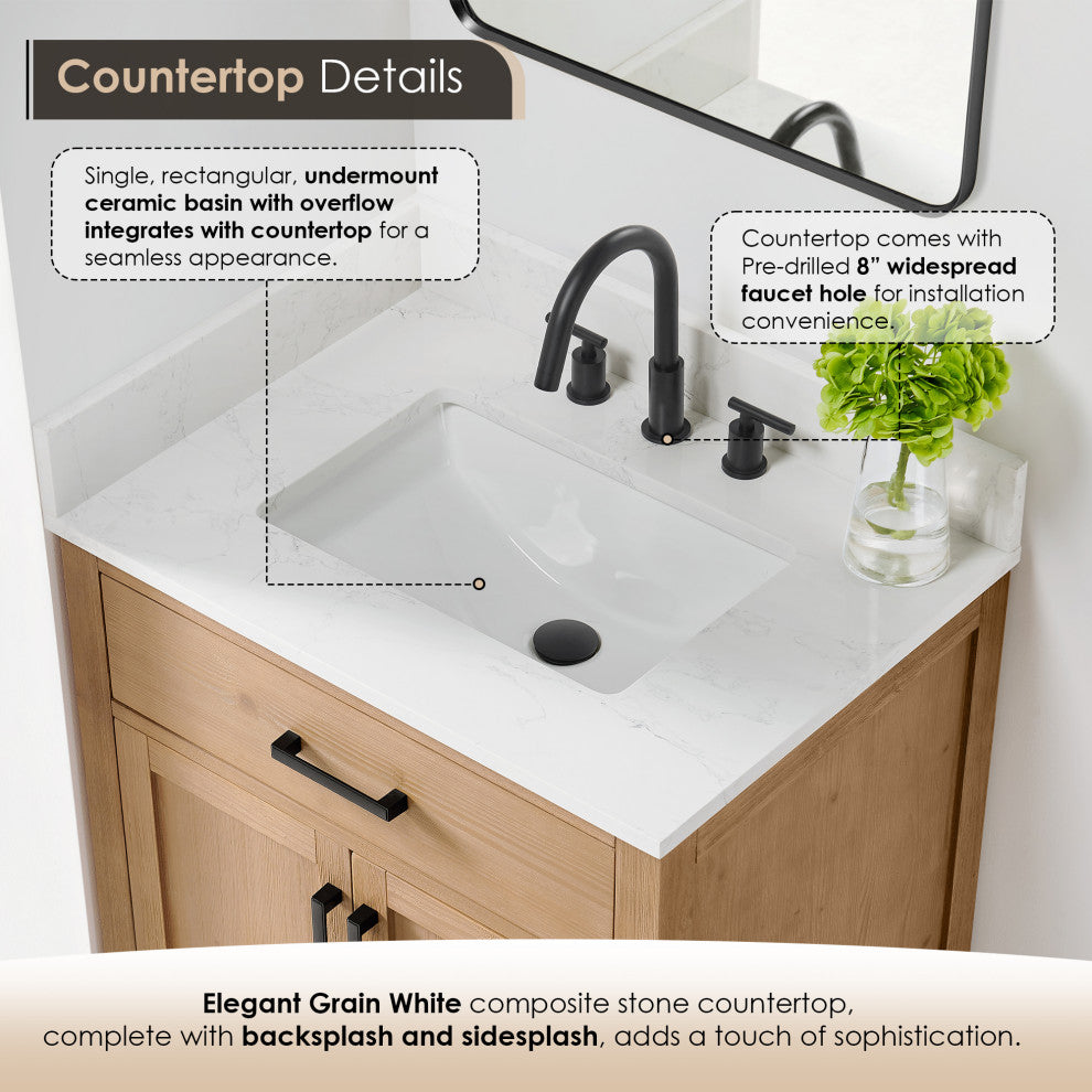 Gavino Vanity With Grain White Composite Stone Top, Light Brown/Matte Black, 30", With Mirror