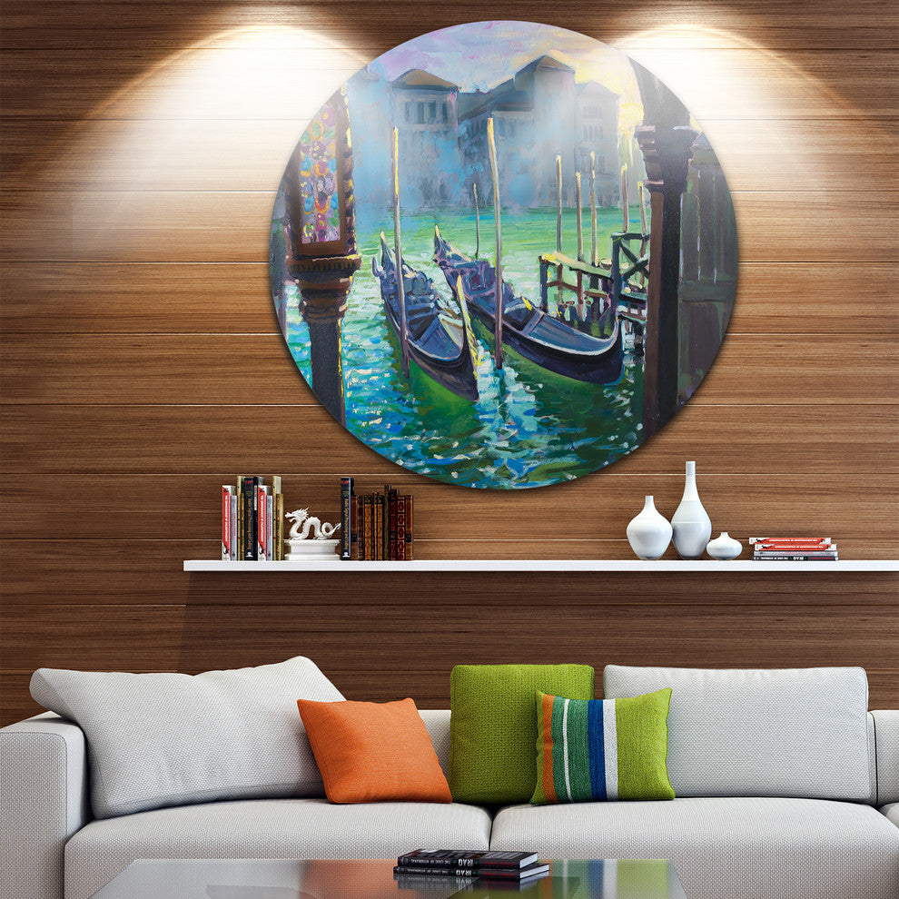 Gondolas In Venice, Landscape Painting Round Metal Wall Art, 23"
