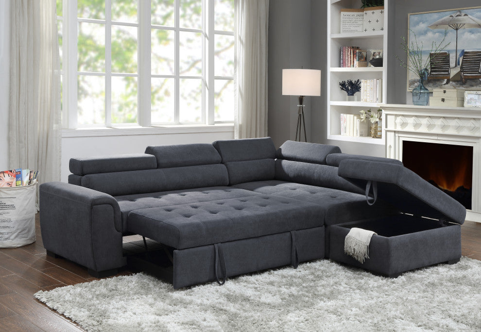 Haris Dark Gray Fabric Sleeper Sofa Sectional Couch with Storage Ottoman