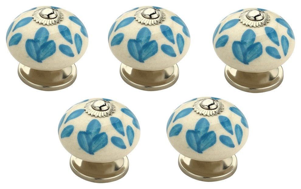 Floral Elegant 1-3/5", 41mm, Blue and White Cabinet Knob, Pack of 5