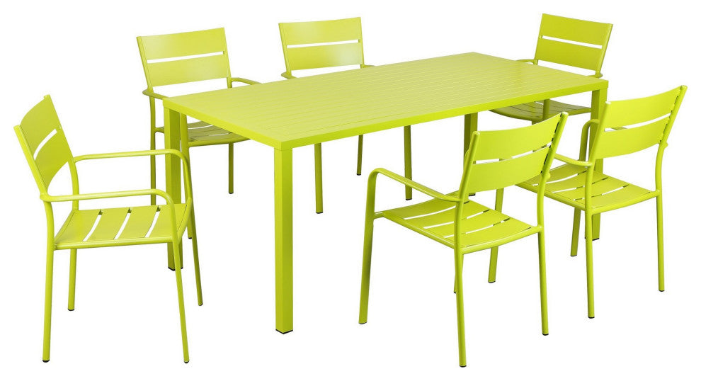 Benzara BM287798 Outdoor Dining Table, Chairs Set, Green, Plank Seat and Backs