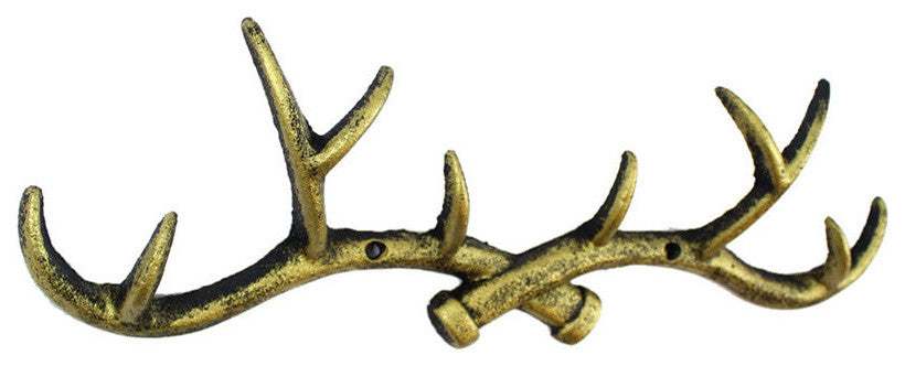 Rustic Gold Cast Iron Antler Wall Hooks 15"