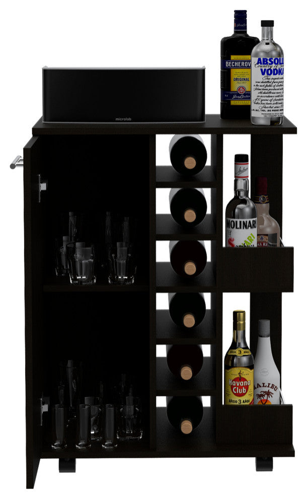 Tennessee Bar Cart with Cabinet, 6 Wine Cubbies, and 2 Shelves, Black