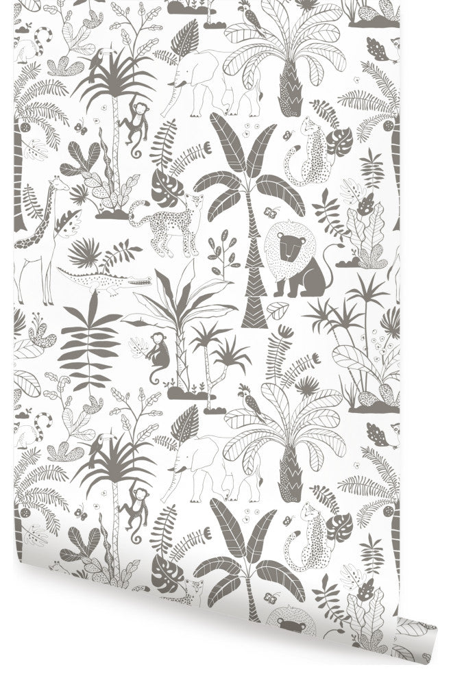 Safari Jungle Illustration Peel and Stick Vinyl Wallpaper, Grey, 24" X 60"