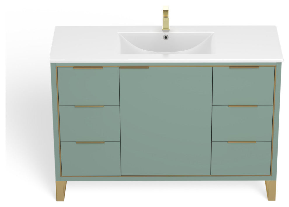 Bradford Bath Vanity, Green, 48", Satin Brass Hardware, Single Sink, Freestanding
