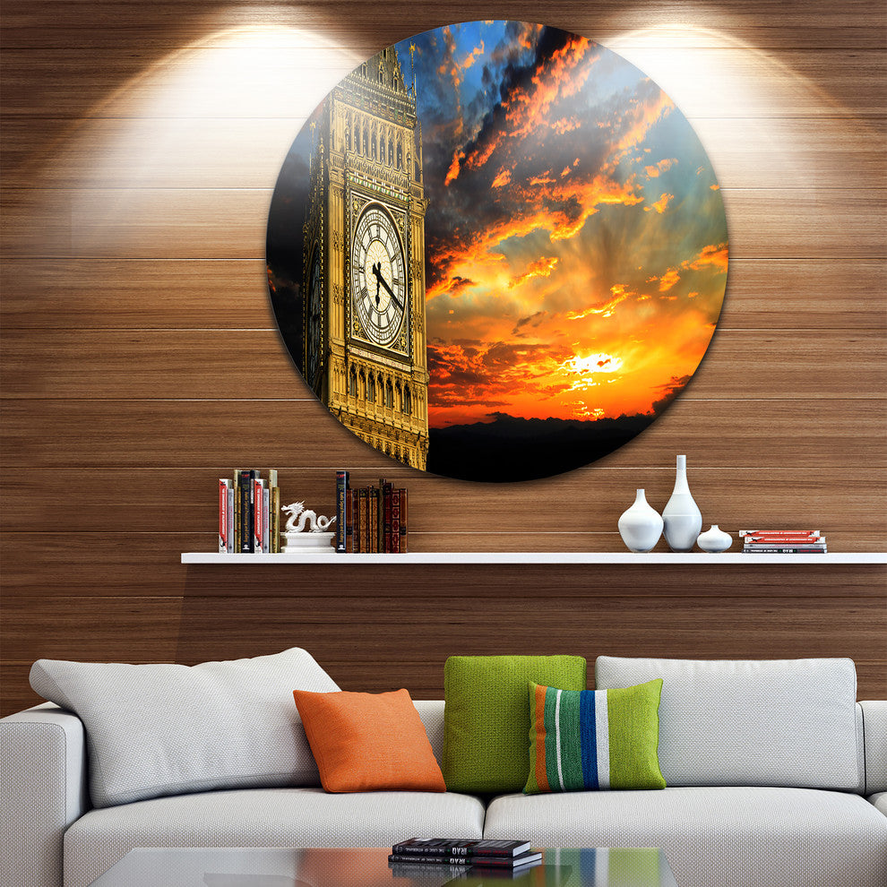 Big Ben London At Sunset Panorama, Round Wall Art Landscape, 11"