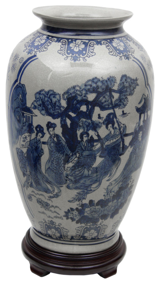 14" Ladies Blue and White Porcelain Tung Chi Vase