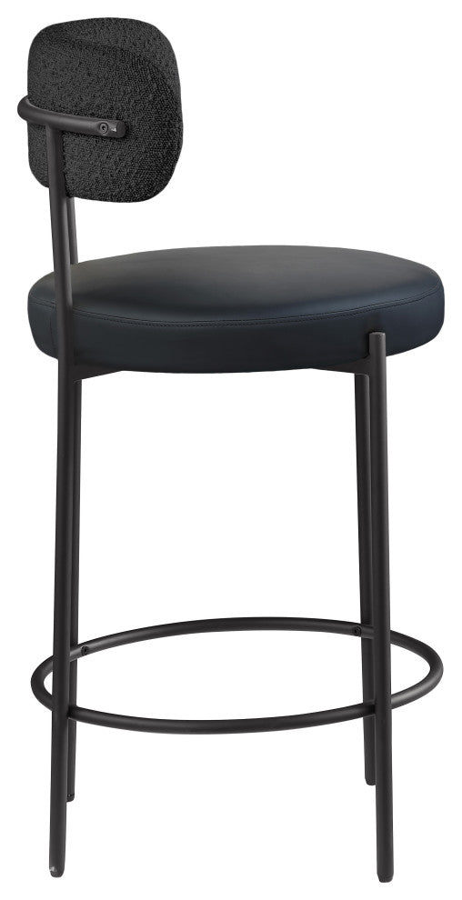 Beacon Upholstered Stool, Set of 2, Black, Matte Black Finish, Vegan Leather and Boucle Fabric