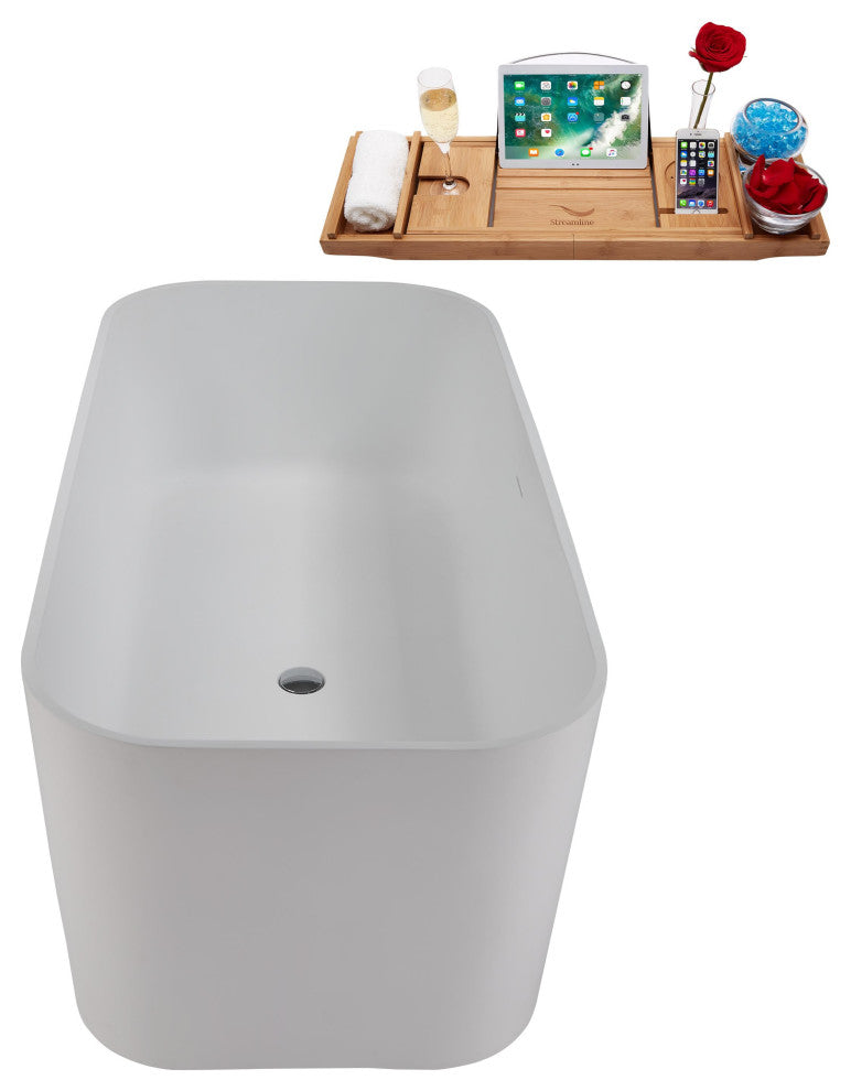 59" Streamline NS5780CH Matte White Stone Resin Bathtub, Tray With Chrome Drain