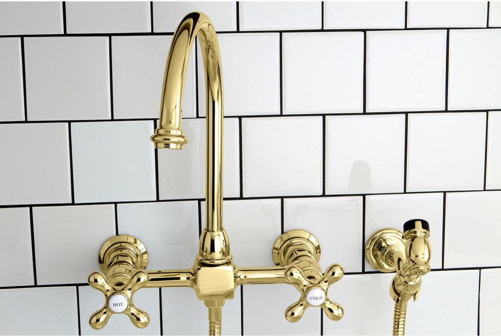 Kingston Brass Wall Mount Bridge Kitchen Faucet w/Brass Sprayer, Polished Brass