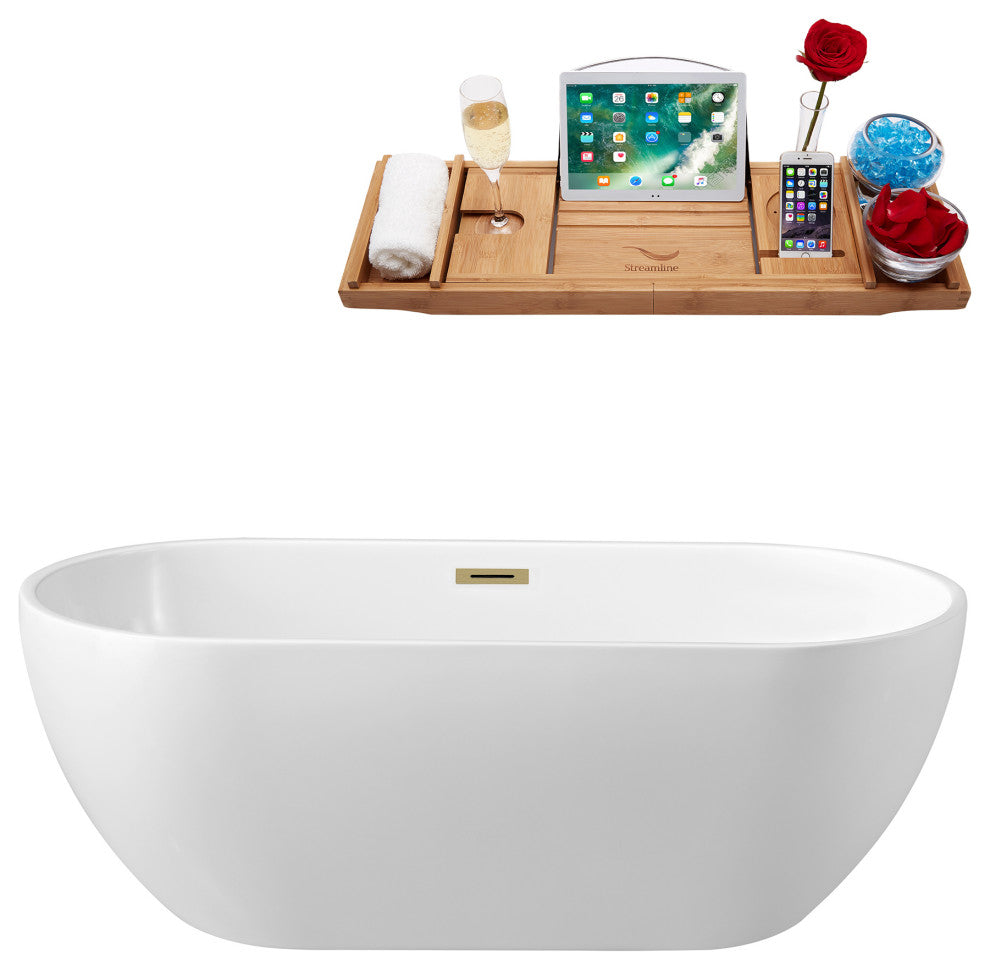 65" Streamline Bathtub and Tray With Drain, Brushed Brass