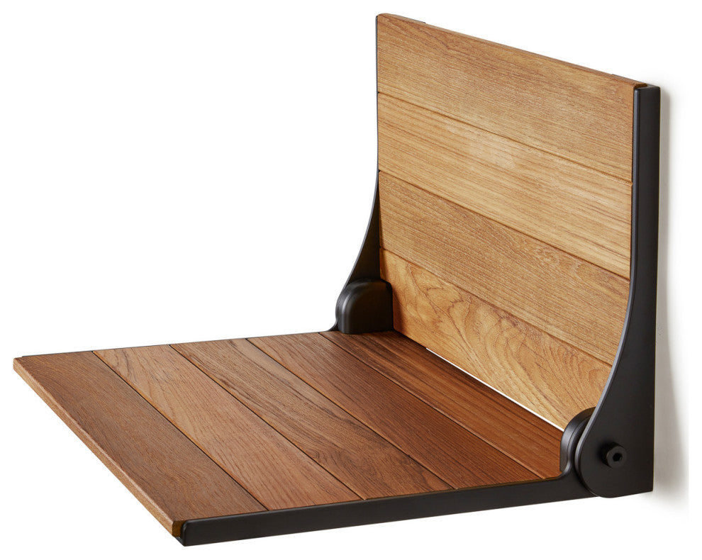 Silhouette Natural Teak Wood Folding Shower Bench Seat, Matte Black Frame